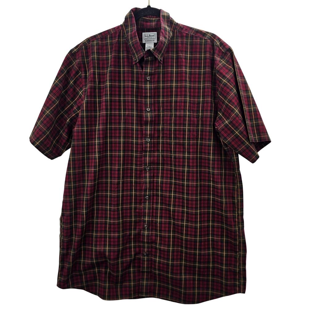 L.L. Bean Mens Large Tall Red Plaid Cotton Short Sleeve Button Down Shirt